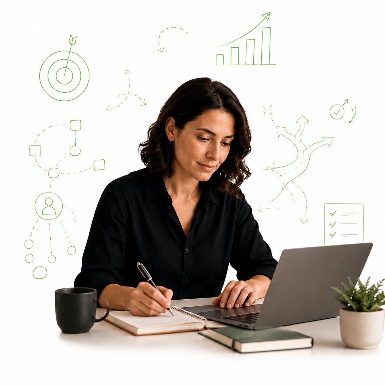 Profesional escribiendo con esquemas de estrategia en verde